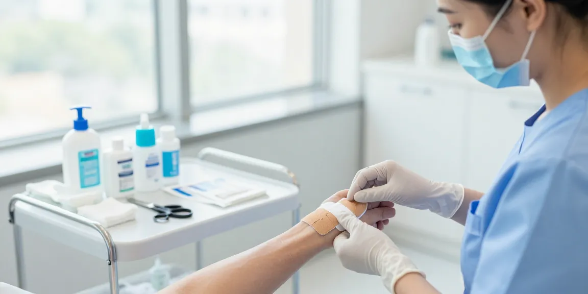 Applying bandage adhesive in a clinical setting, showcasing patient care and medical supplies.