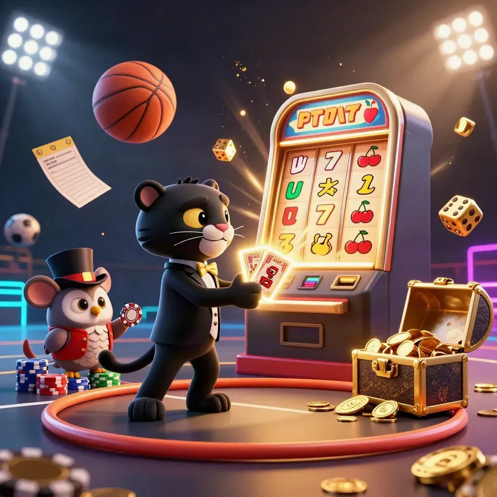 Panther, owl and mouse amid exploding slots and a frozen basketball under neon casino lights.