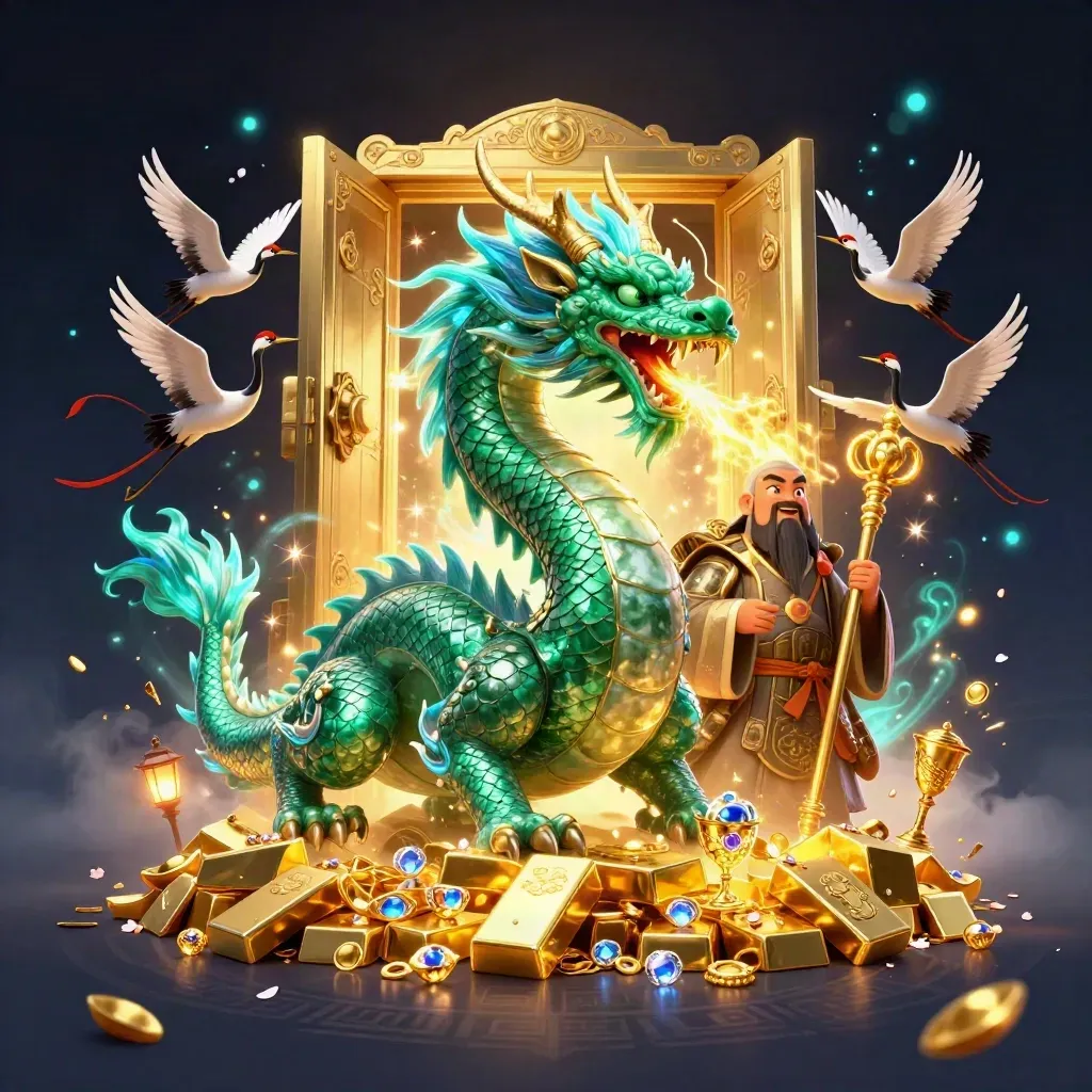Emerald dragon, turtle sage, and ribboned cranes burst from a glowing treasure vault amid gold and cyan magic.