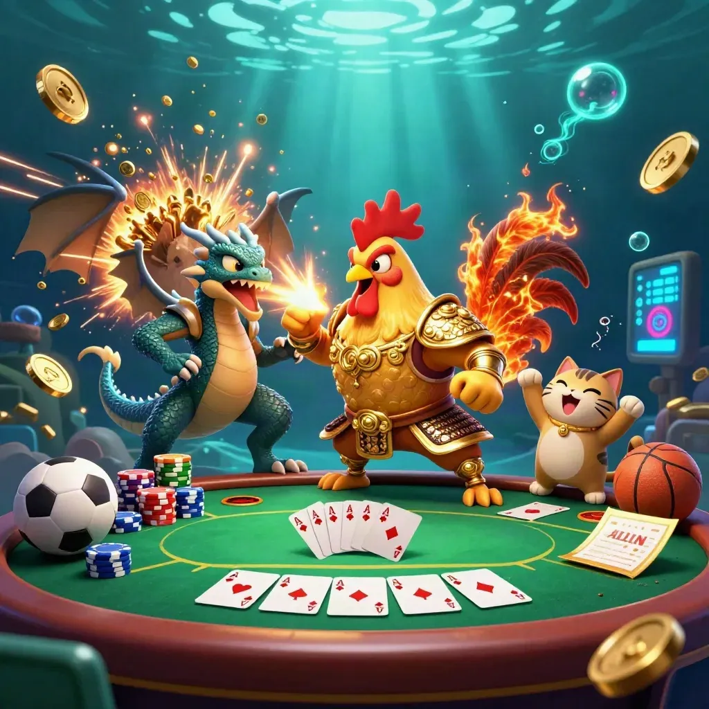 Rooster warrior, dragon hatchling, and lucky cat amid casino treasure bursts, coins, cards, and fireworks.