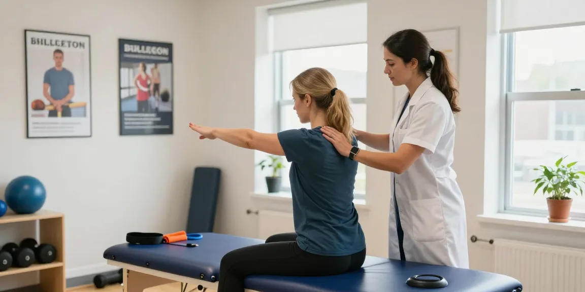 Physiotherapy close to me Burlington: therapist assisting patient in a bright, welcoming clinic setting.